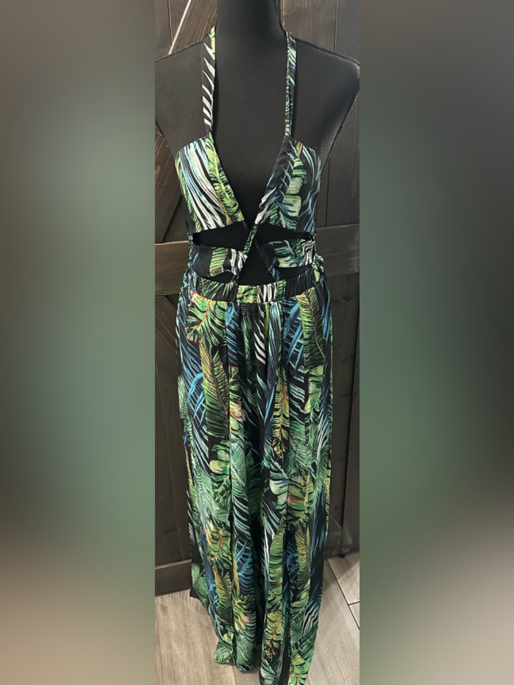 SHEIN Green & Black Tropical Maxi Halter Cutout Dress - Size 6
